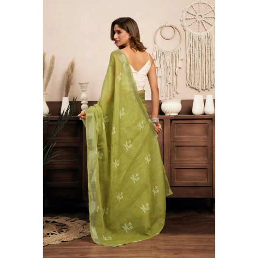 Generic Women's Linen Cotton Printed Ready To Wear Saree With Unstitched Blouse 5.5 Mtr (Light_Green)