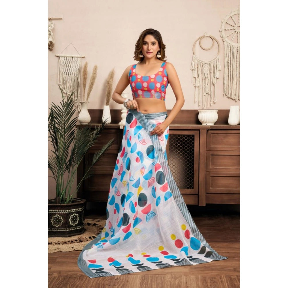 Generic Women's Linen Cotton Printed Ready To Wear Saree With Unstitched Blouse 5.5 Mtr (Multicolor)