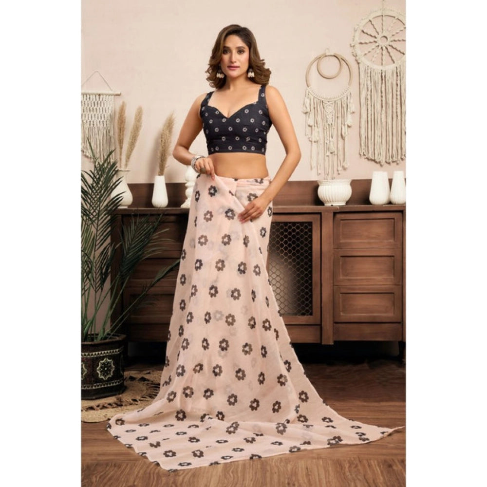 Generic Women's Linen Cotton Printed Ready To Wear Saree With Unstitched Blouse 5.5 Mtr (Light_Peach)