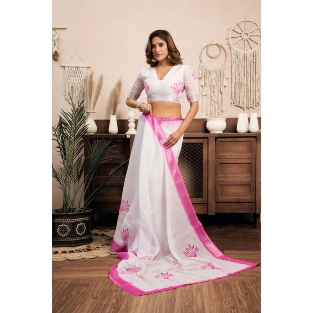 Generic Women's Linen Cotton Printed Ready To Wear Saree With Unstitched Blouse 5.5 Mtr (Light_White)