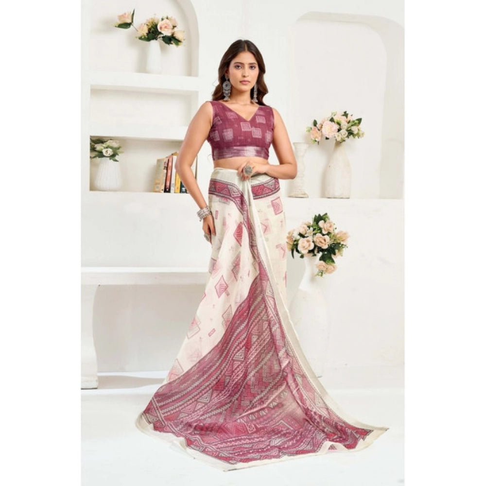 Generic Women's Linen Cotton Printed Ready To Wear Saree With Unstitched Blouse 5.5 Mtr (Off_White)