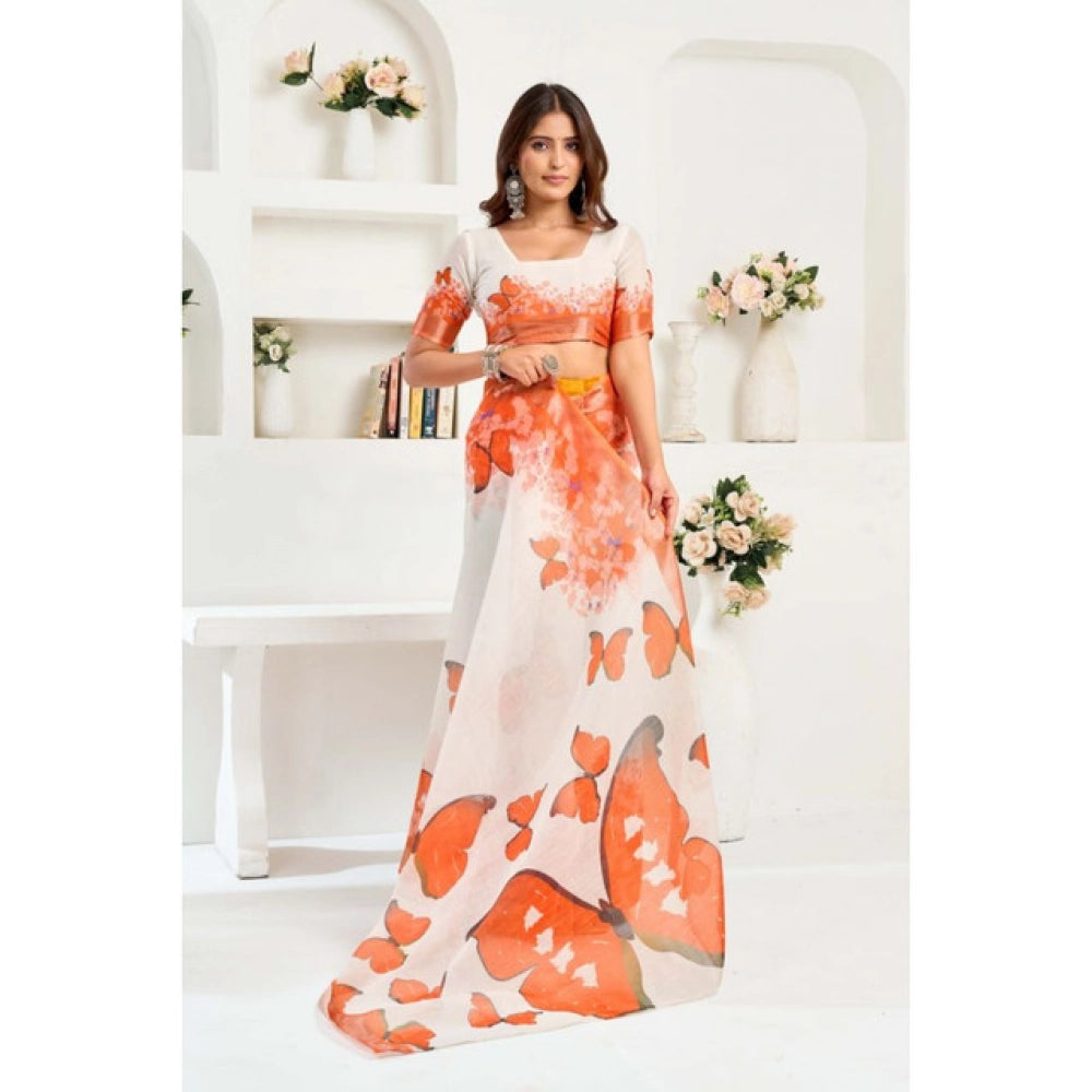 Generic Women's Linen Cotton Printed Ready To Wear Saree With Unstitched Blouse 5.5 Mtr (Orange)