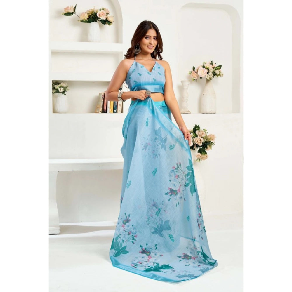 Generic Women's Linen Cotton Printed Ready To Wear Saree With Unstitched Blouse 5.5 Mtr (Sky_Blue)