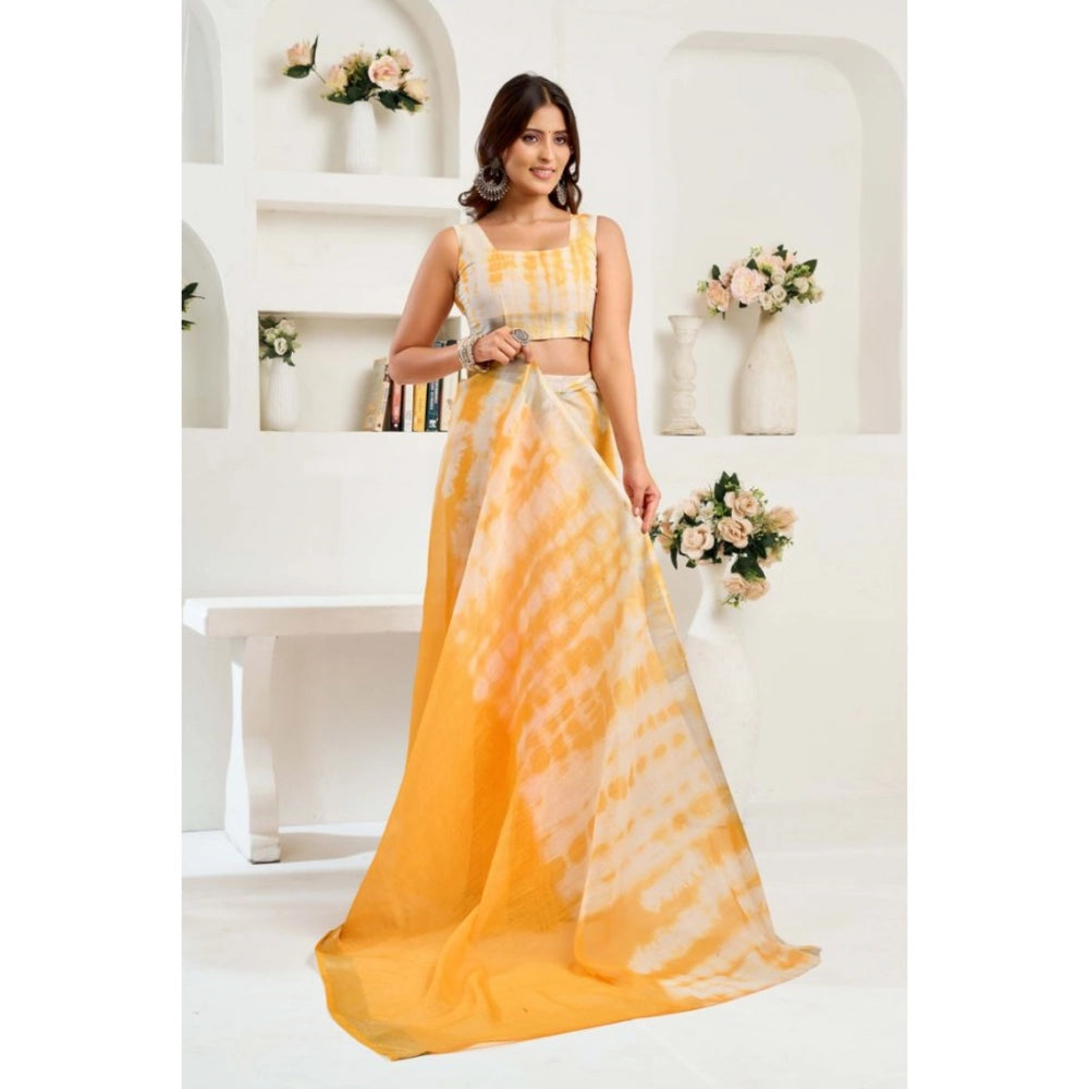 Generic Women's Linen Cotton Printed Ready To Wear Saree With Unstitched Blouse 5.5 Mtr (Yellow)