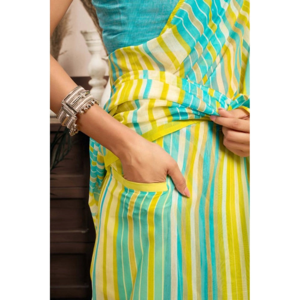 Generic Women's Linen Cotton Printed Ready To Wear With Pocket Saree With Unstitched Blouse 5.5 Mtr (Light_Aqua_Blue)