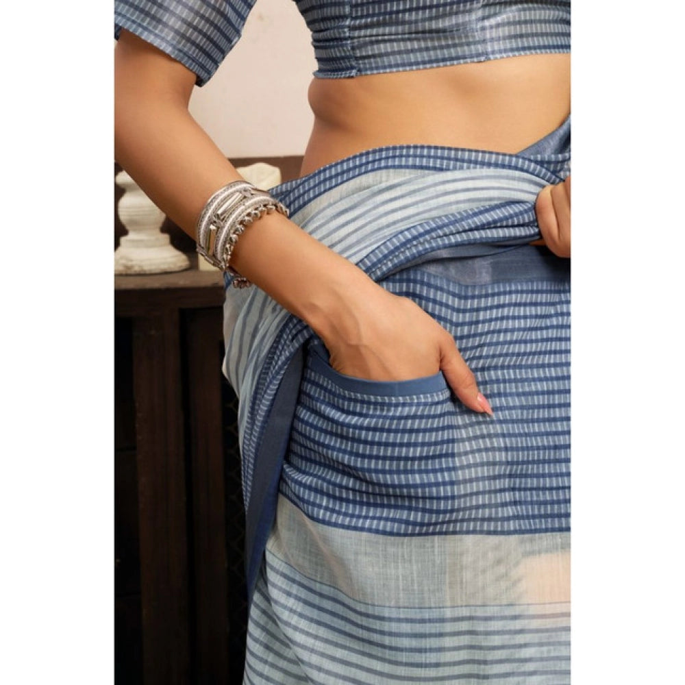 Generic Women's Linen Cotton Printed Ready To Wear With Pocket Saree With Unstitched Blouse 5.5 Mtr (Light_Blue)