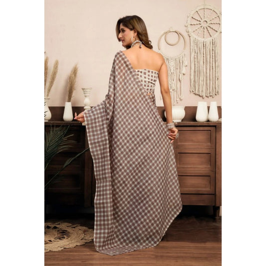 Generic Women's Linen Cotton Printed Ready To Wear With Pocket Saree With Unstitched Blouse 5.5 Mtr (Light_Brown)