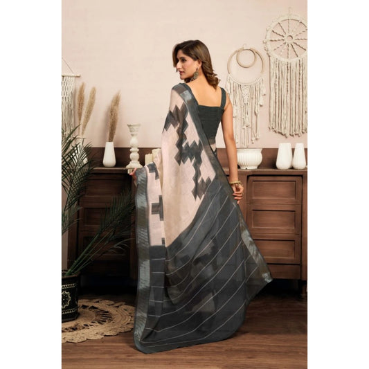 Generic Women's Linen Cotton Printed Ready To Wear With Pocket Saree With Unstitched Blouse 5.5 Mtr (Light_Beige)