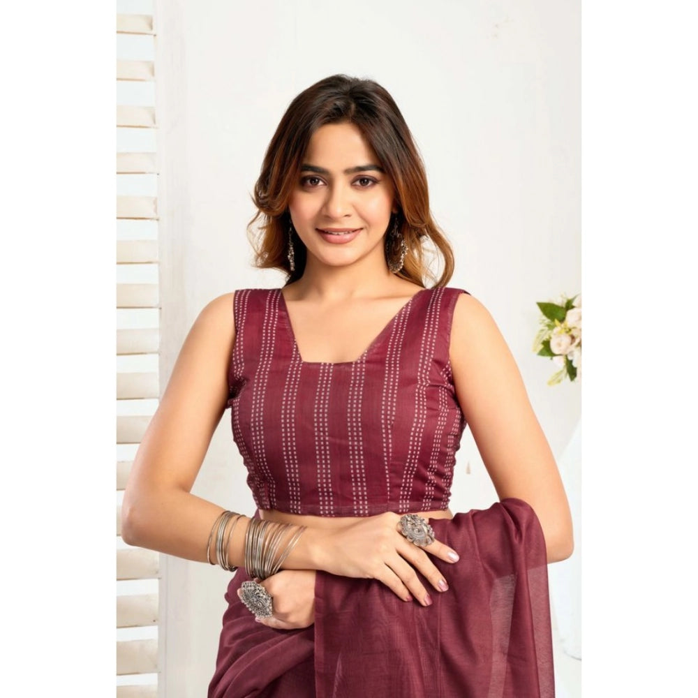 Generic Women's Linen Cotton Printed Ready To Wear With Pocket Saree With Unstitched Blouse 5.5 Mtr (Maroon)