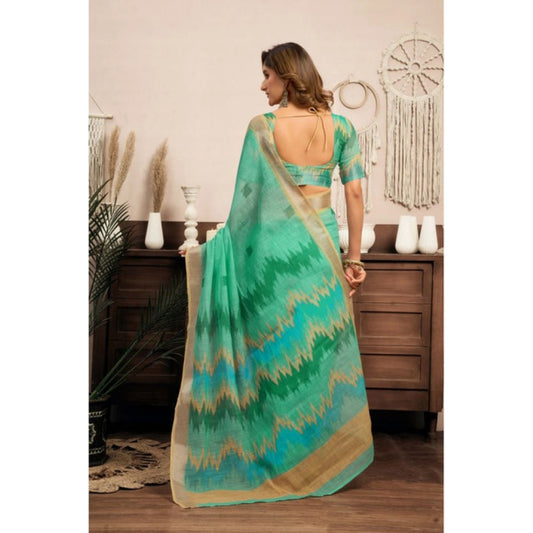 Generic Women's Linen Cotton Printed Ready To Wear With Pocket Saree With Unstitched Blouse 5.5 Mtr (Light_Green)