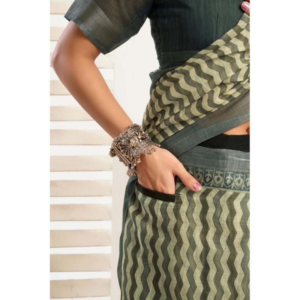 Generic Women's Linen Cotton Printed Ready To Wear With Pocket Saree With Unstitched Blouse 5.5 Mtr (Olive)