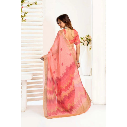Generic Women's Linen Cotton Printed Ready To Wear With Pocket Saree With Unstitched Blouse 5.5 Mtr (Peach)