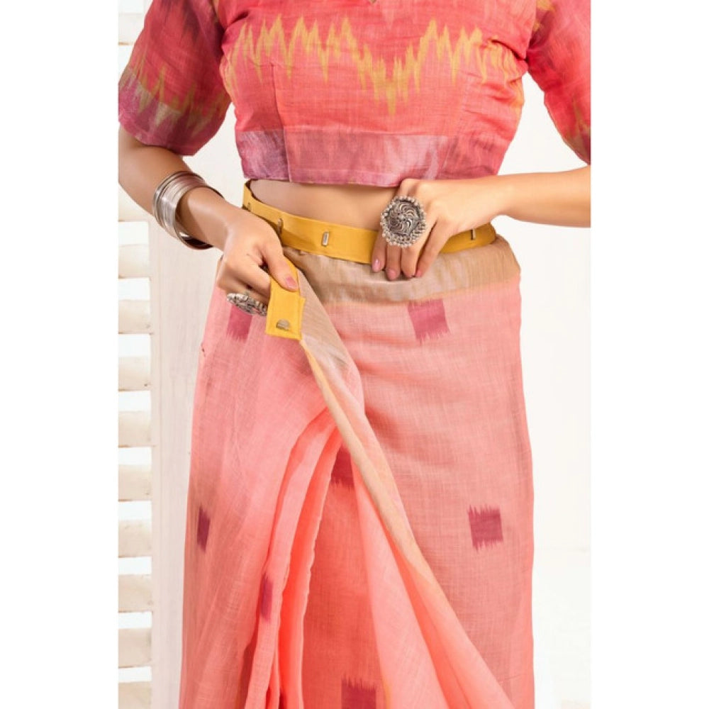Generic Women's Linen Cotton Printed Ready To Wear With Pocket Saree With Unstitched Blouse 5.5 Mtr (Peach)