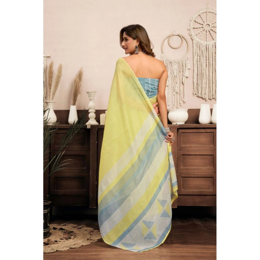 Generic Women's Linen Cotton Printed Ready To Wear With Pocket Saree With Unstitched Blouse 5.5 Mtr (Light_Yellow)