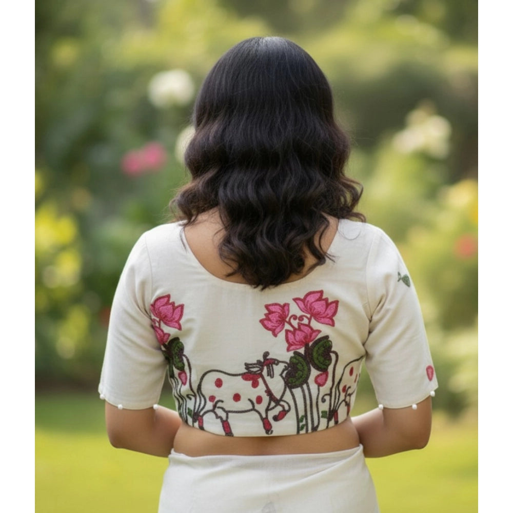 Generic Women's Cambric Cotton Round Neck Padded Blouse (White, 38 Ready Size (Self-Alterable 36–40)
