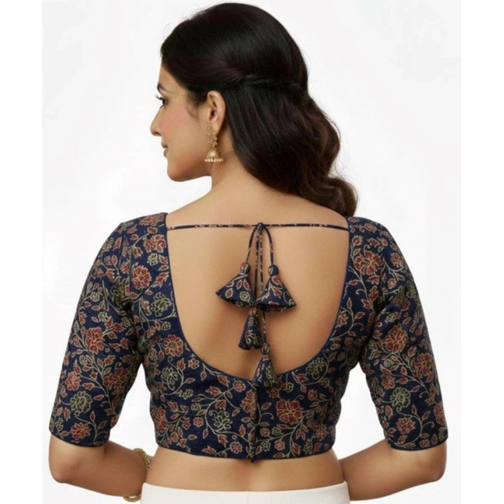 Generic Women's Ajrakh Cotton Round Neck Padded Blouse (Navy, 38 Ready Size (Self-Alterable 36–40)