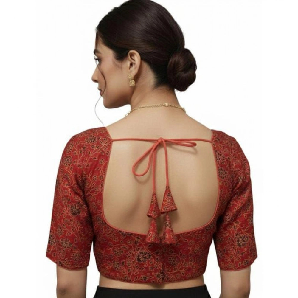 Generic Women's Ajrakh Cotton Round Neck Padded Blouse (Red, 38 Ready Size (Self-Alterable 36–40)