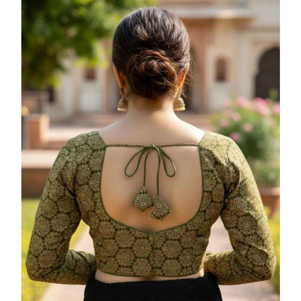 Generic Women's Ajrakh Cotton Halter Neck Padded Blouse (Olive, 38 Ready Size (Self-Alterable 36–40)