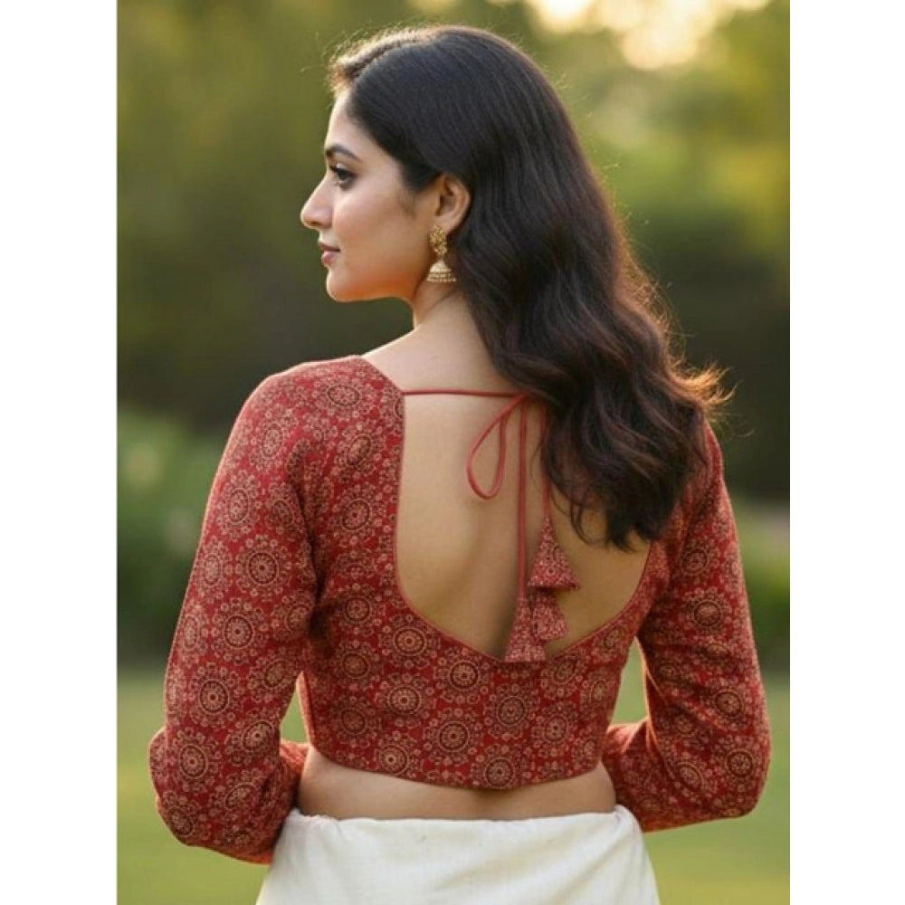 Generic Women's Ajrakh Cotton Halter Neck Padded Blouse (Red, 38 Ready Size (Self-Alterable 36–40)