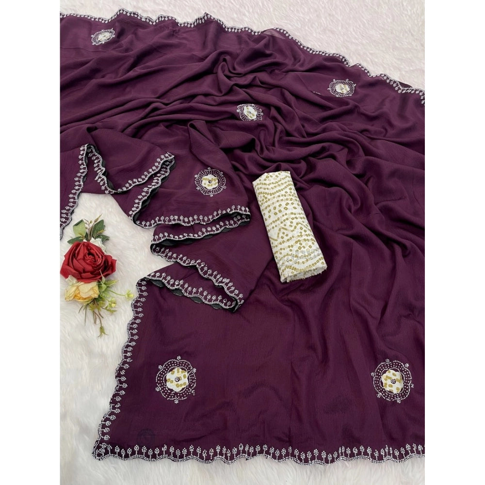Generic Women's Chiffon Butti Dotted Saree With Unstitched Blouse 5.5Mtr (Wine)