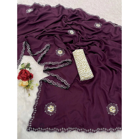Generic Women's Chiffon Butti Dotted Saree With Unstitched Blouse 5.5Mtr (Wine)