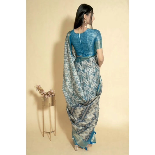 Generic Women's Polyester Printed Saree With Unstitched Blouse 5.5 Mtr (Turquoise)