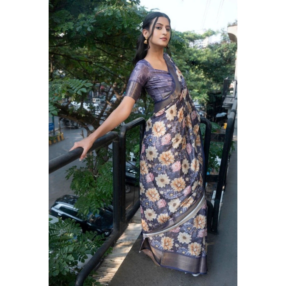 Generic Women's Polyester Printed Saree With Unstitched Blouse 5.5 Mtr (Purple)