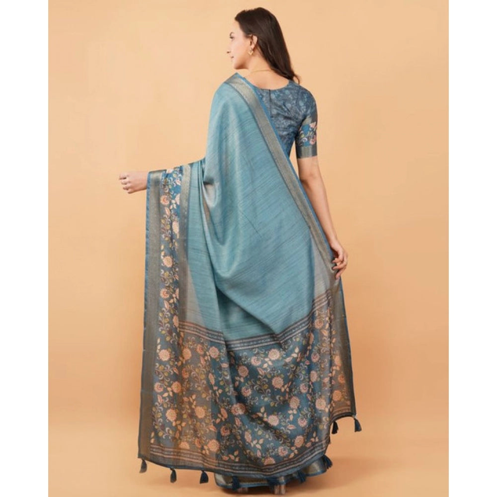 Generic Women's Polyester Printed Saree With Unstitched Blouse 5.5 Mtr (Blue)