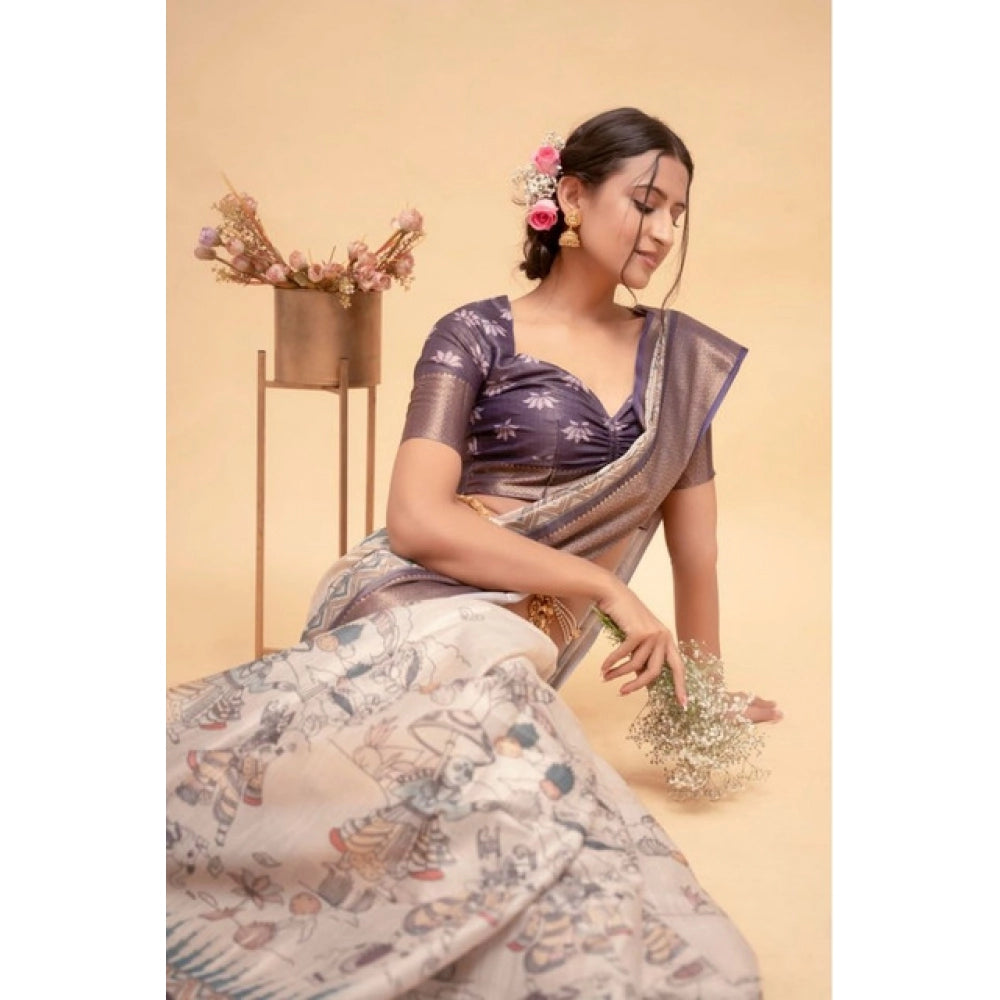 Generic Women's Polyester Printed Saree With Unstitched Blouse 5.5 Mtr (Off-White)