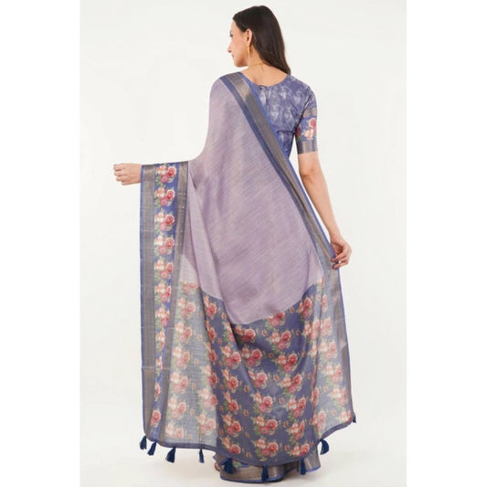 Generic Women's Polyester Printed Saree With Unstitched Blouse 5.5 Mtr (Purple)