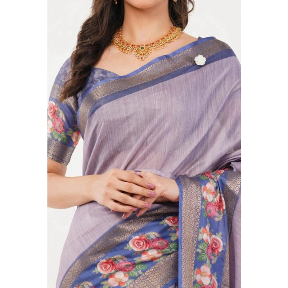 Generic Women's Polyester Printed Saree With Unstitched Blouse 5.5 Mtr (Purple)