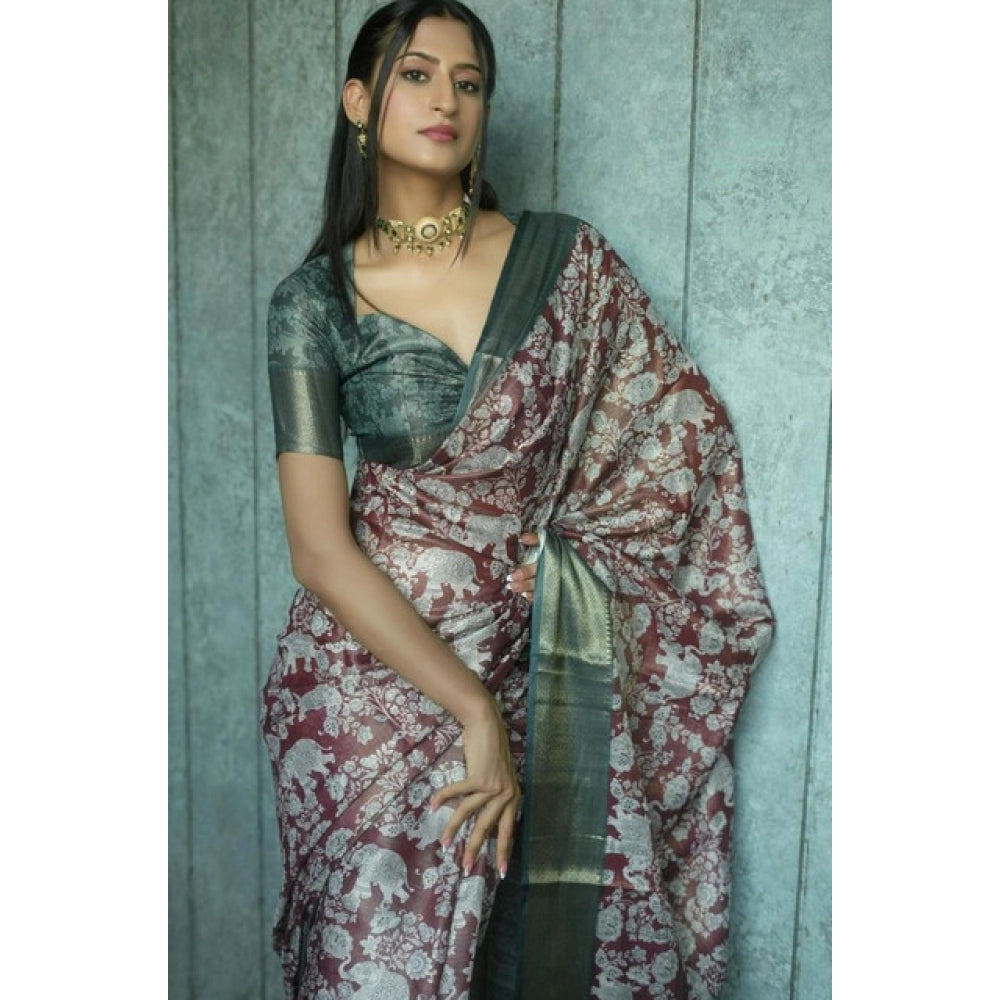 Generic Women's Polyester Printed Saree With Unstitched Blouse 5.5 Mtr (Maroon)