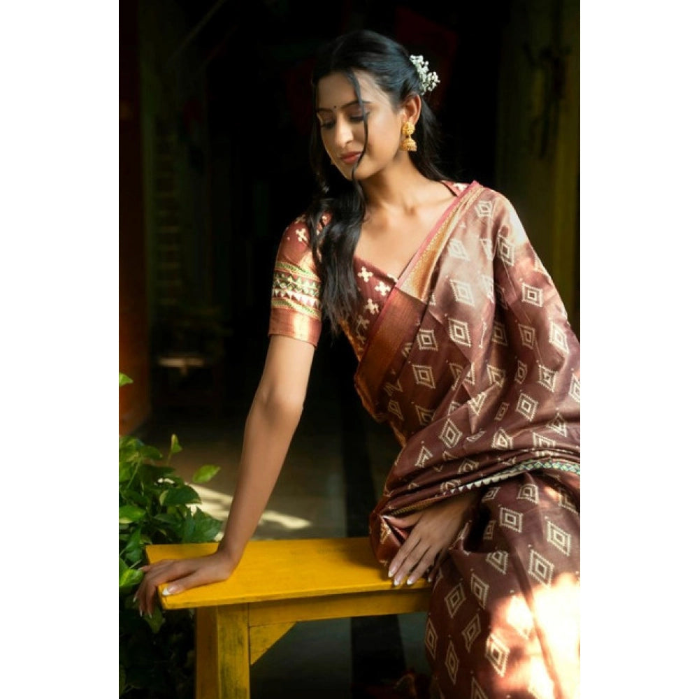 Generic Women's Polyester Printed Saree With Unstitched Blouse 5.5 Mtr (Maroon)