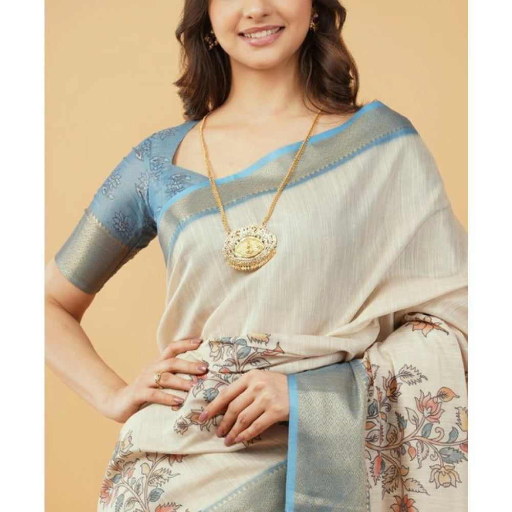 Generic Women's Polyester Printed Saree With Unstitched Blouse 5.5 Mtr (Cream)