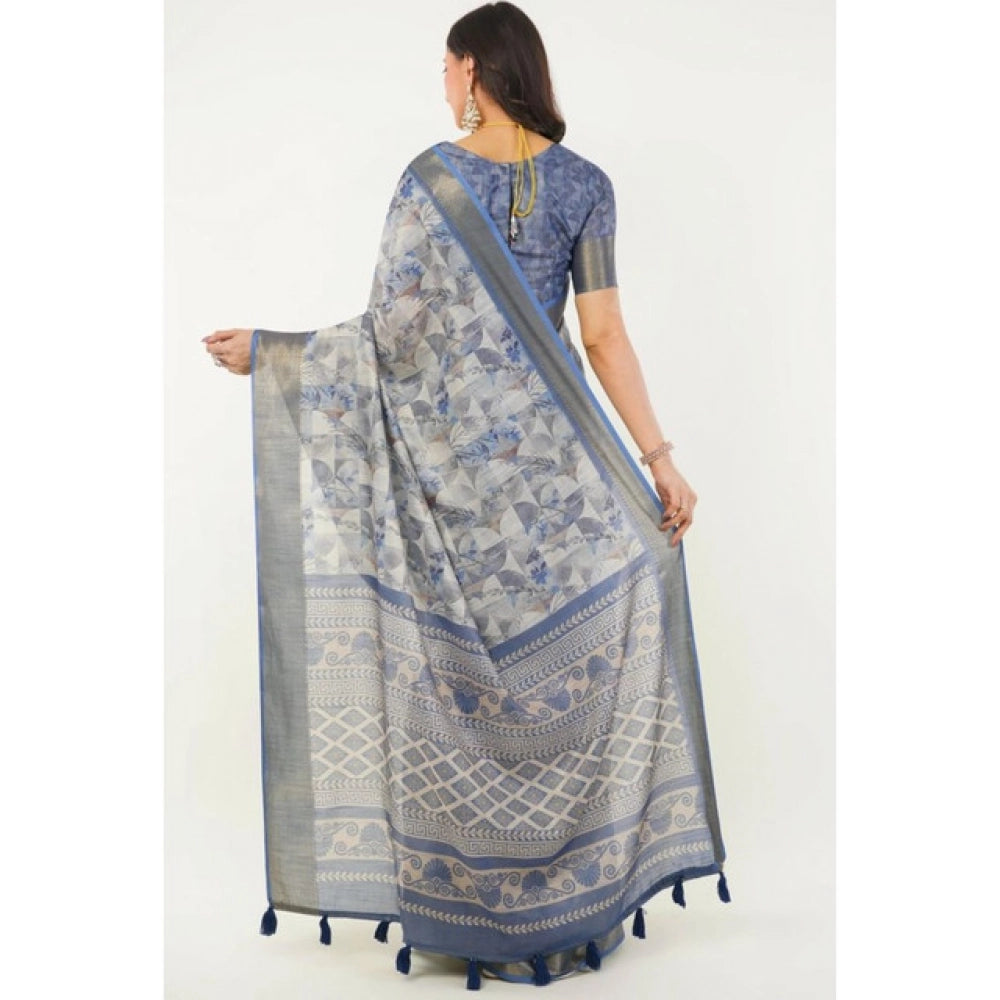 Generic Women's Polyester Printed Saree With Unstitched Blouse 5.5 Mtr (Grey)