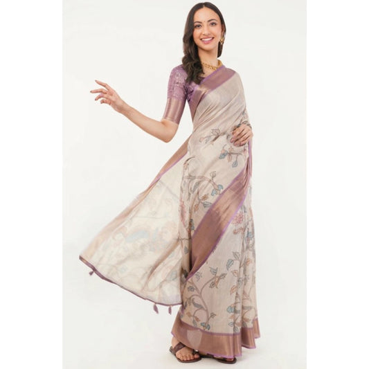 Generic Women's Polyester Printed Saree With Unstitched Blouse 5.5 Mtr (Cream)