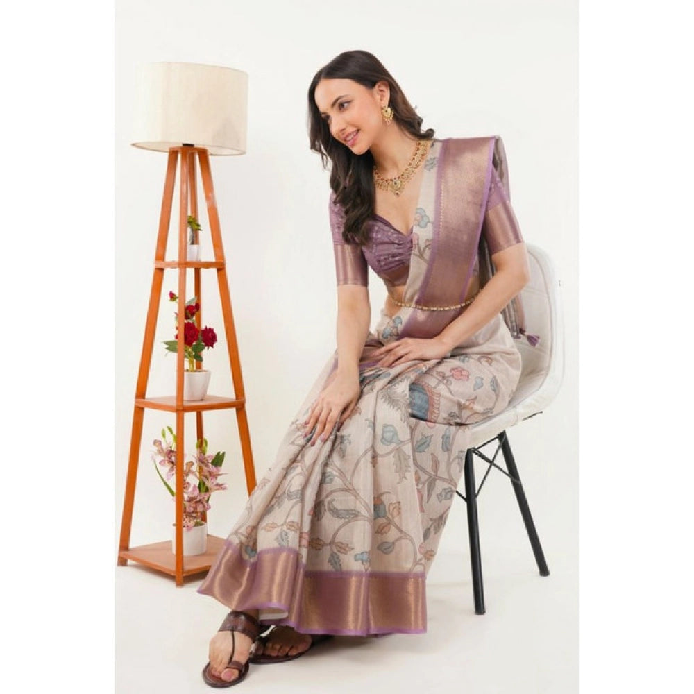 Generic Women's Polyester Printed Saree With Unstitched Blouse 5.5 Mtr (Cream)