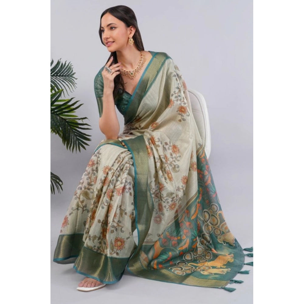 Generic Women's Polyester Printed Ready To Wear Saree With Unstitched Blouse 5.5 Mtr (Beige)