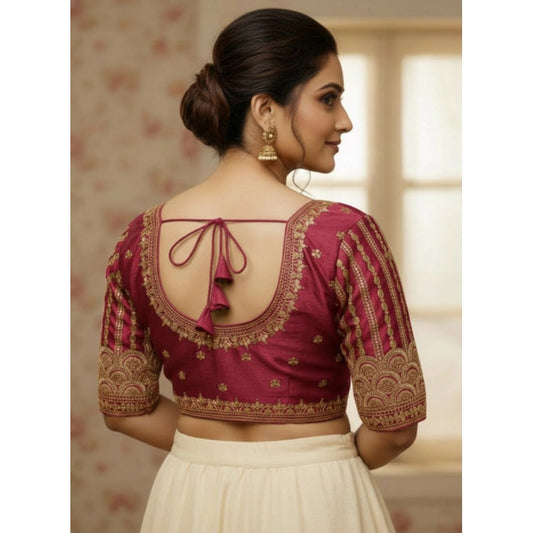 Generic Women's Phantom Silk Embroidered Designer Neck Padded Blouse (Maroon 38 Ready (Alterable up to 42)