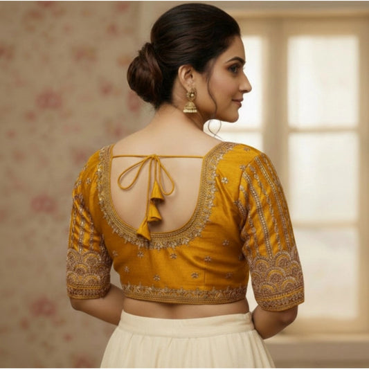 Generic Women's Phantom Silk Embroidered Designer Neck Padded Blouse (Mustard 38 Ready (Alterable up to 42)