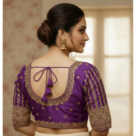 Generic Women's Phantom Silk Embroidered Designer Neck Padded Blouse (Purple 38 Ready (Alterable up to 42)