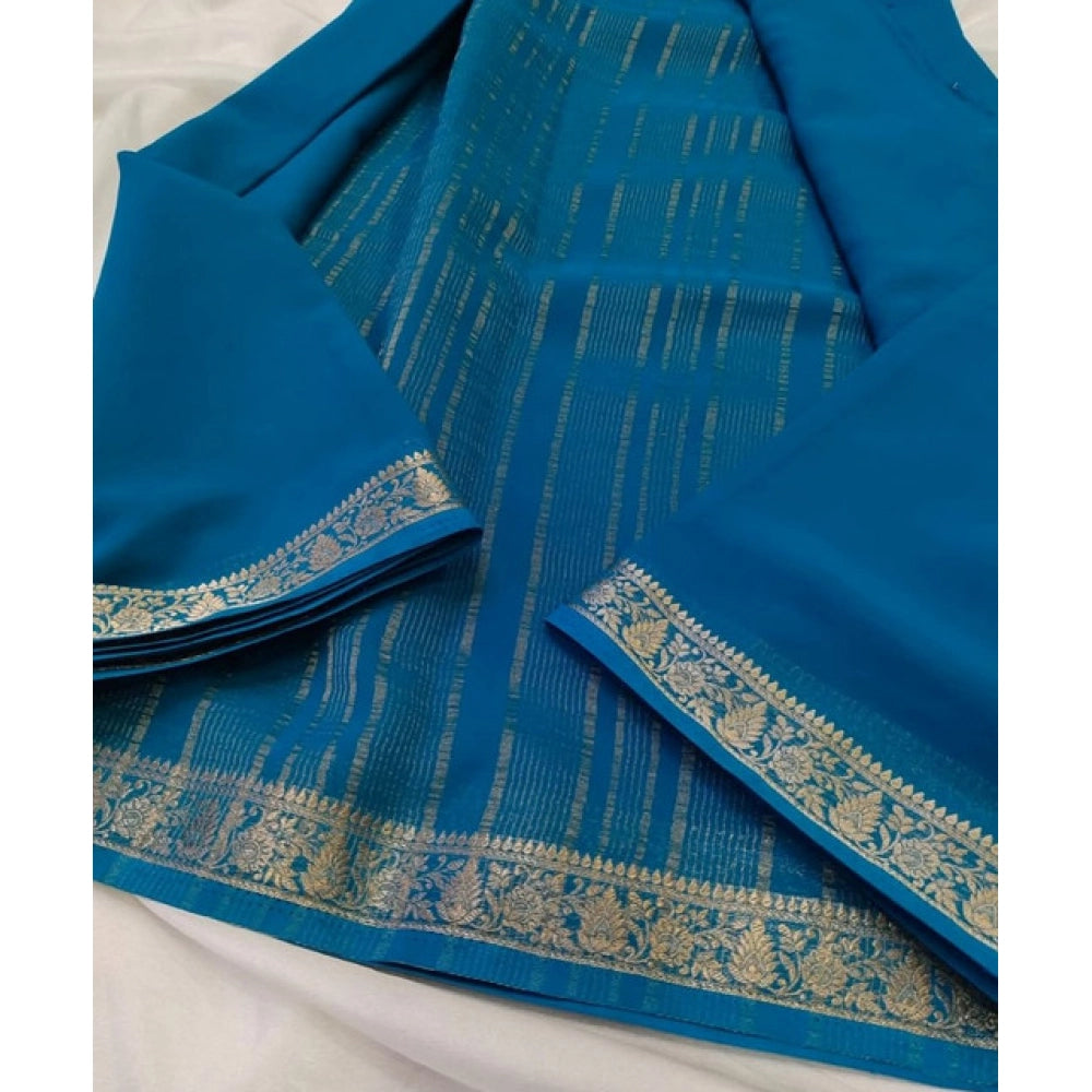 Generic Women's Crepe Chit Pallu Solid Saree With Unstitched Blouse 5.5Mtr (teal blue)