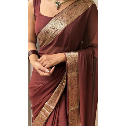 Generic Women's Vichitra Silk Printed Saree With Unstitched Blouse 5.5Mtr (Brown)
