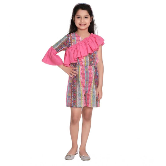 Generic Girl's Cotton & Polyester Printed 3/4th Sleeves Dress (Pink)