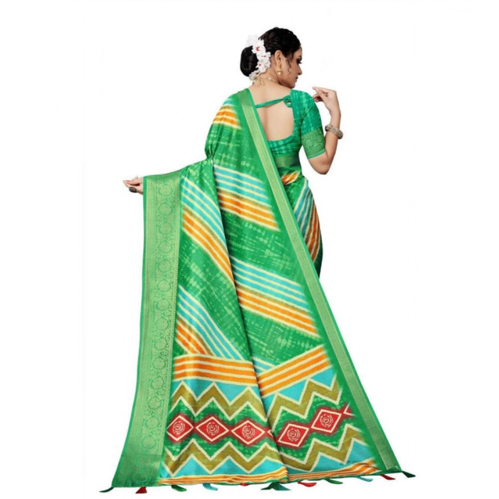 Generic Women's Cotton Silk Striped Saree With Unstitched Blouse 5.5Mtr (Green)