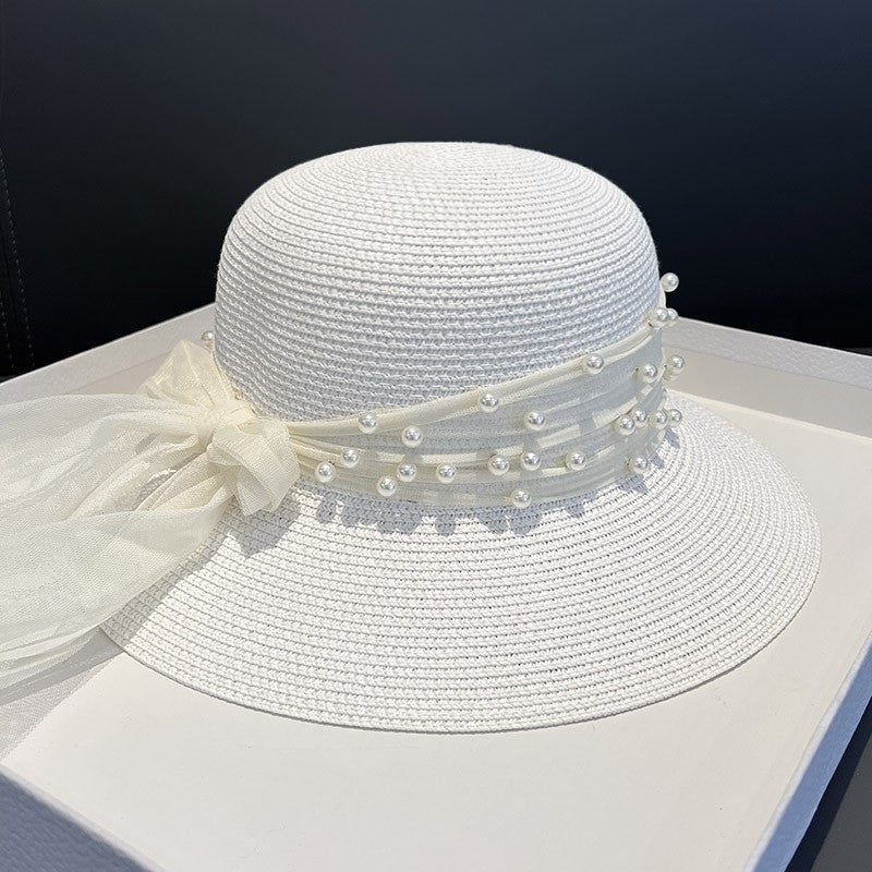 Braided Pearl Mesh Sunshade Straw Hat