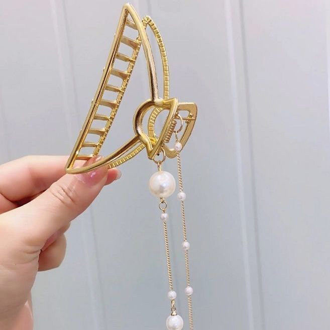 Metal Bow Pearl Pendant Hair Clip