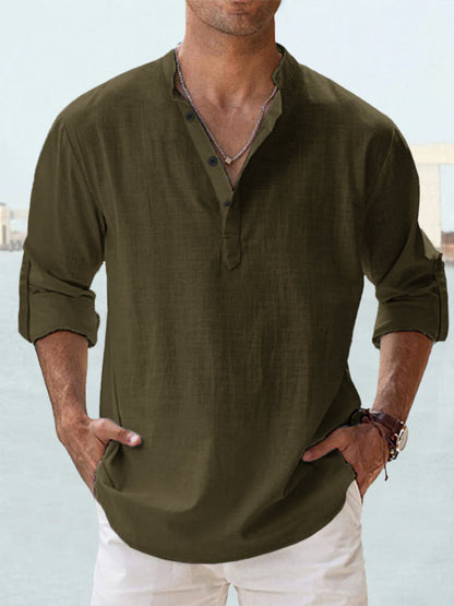 Men's Linen Stand-up Collar Long Sleeve T-shirt Loose Undershirt