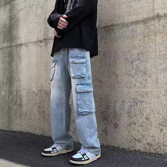 Cargo Jeans Men's Distressed Straight Loose Pants