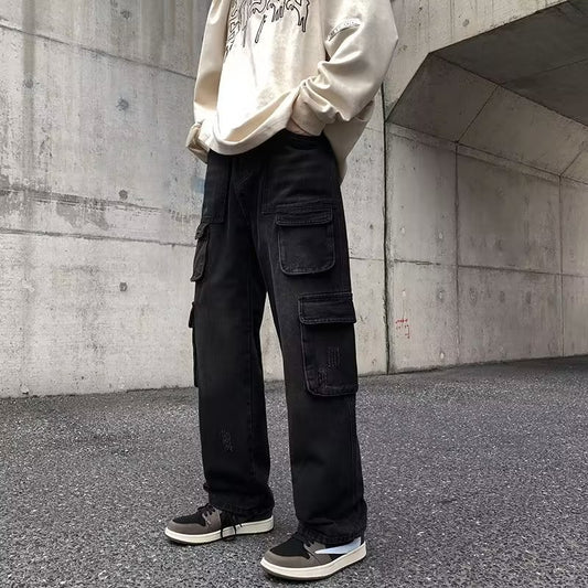 Cargo Jeans Men's Distressed Straight Loose Pants